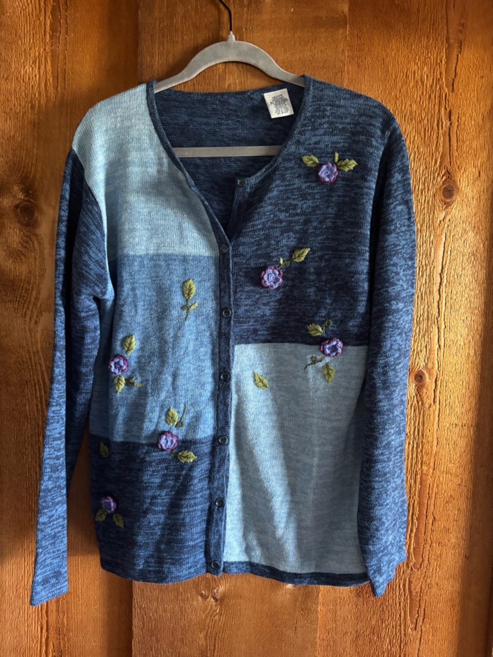 VTG JCPenney Blue Colorblock Ramie Cotton Crochet Floral Knit Cardigan Sweater M